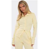 Long Sleeve Collared Button Up Fitted Top In Yellow Ribbed, Women's Size UK 10 | EGO (UK)