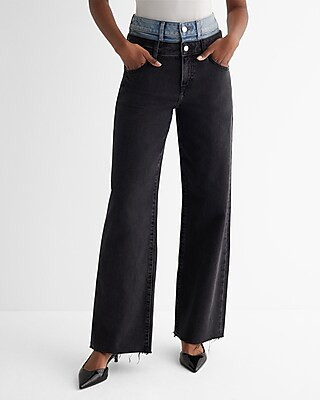 Super High Waisted Double Waistband Black Wide Leg Jeans | Express