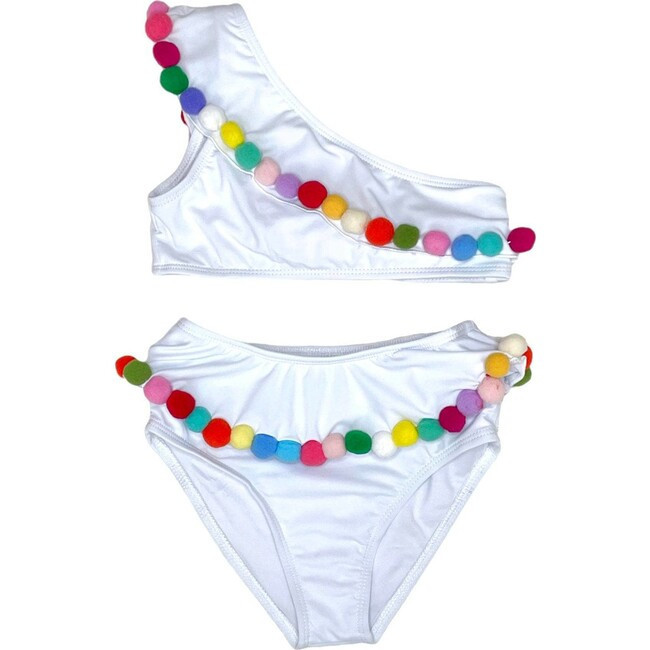 Lola + The Boys | Rainbow Pompom One Shoulder Sleeveless Bikini, (White, Size 14Y) | Maisonette | Maisonette