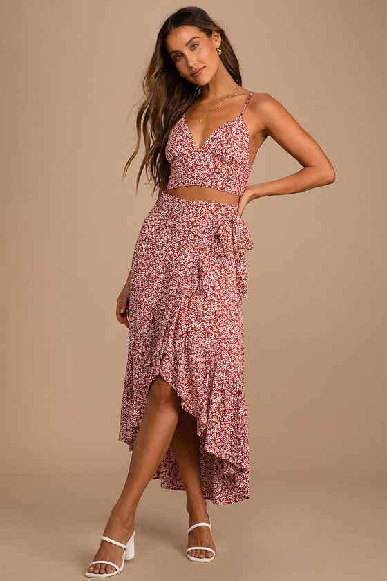 Summer Romance Rust Brown Floral Print Two-Piece Midi Dress | Lulus (US)