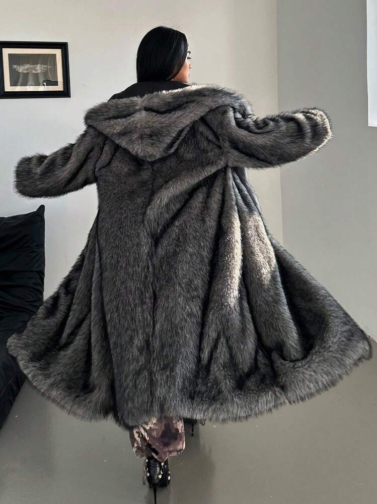Flirla Plus Size Fluffy Hooded Long Sleeve Furry Coat, Winter Clothes Fall Cloth For Women Autumn | SHEIN