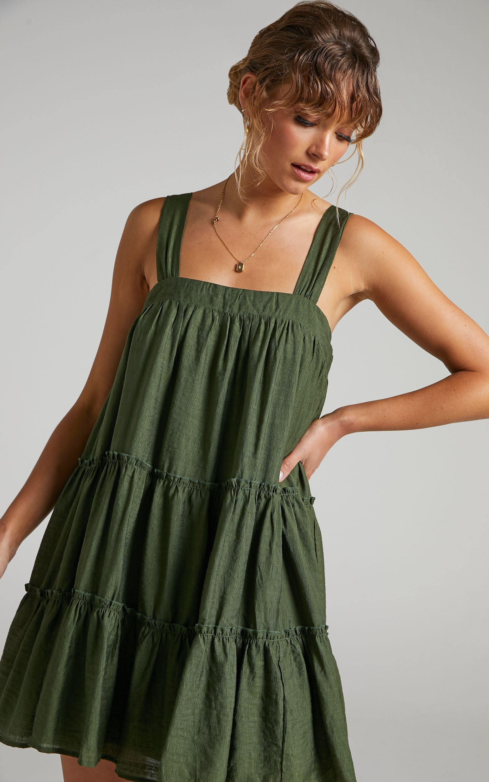 Brookie Tiered Mini Dress in Khaki | Showpo | Showpo - deactived