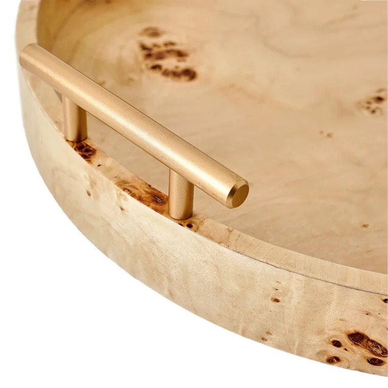 Beautiful Round Burlwood Tabletop Tray with Gold Handles by Drew Barrymore 1.75" X 15.75" | Walmart (US)