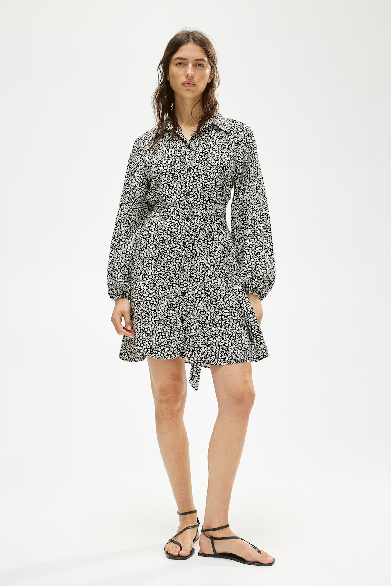 Balloon-sleeved Shirt Dress - V-neck - Long sleeve - Black/small flowers - Ladies | H&M US | H&M (US + CA)