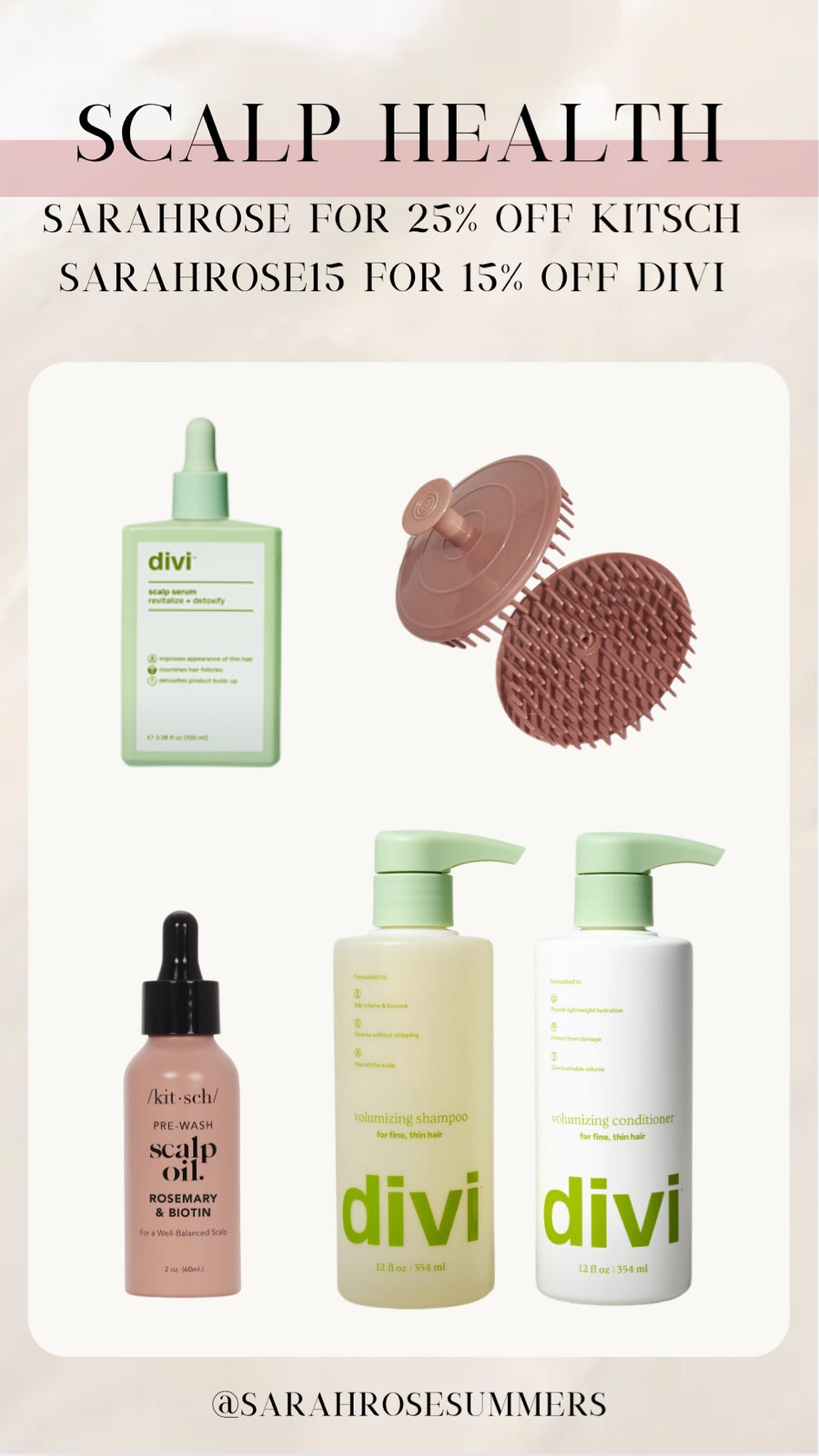 Code sarahrose15 for 15% off divi scalp health detoxifying shampoo & growth serum. Code sarahrose for 20% off kitsch site wide including my pre shower scalp oil 

#LTKFindsUnder50 #LTKSaleAlert #LTKBeauty