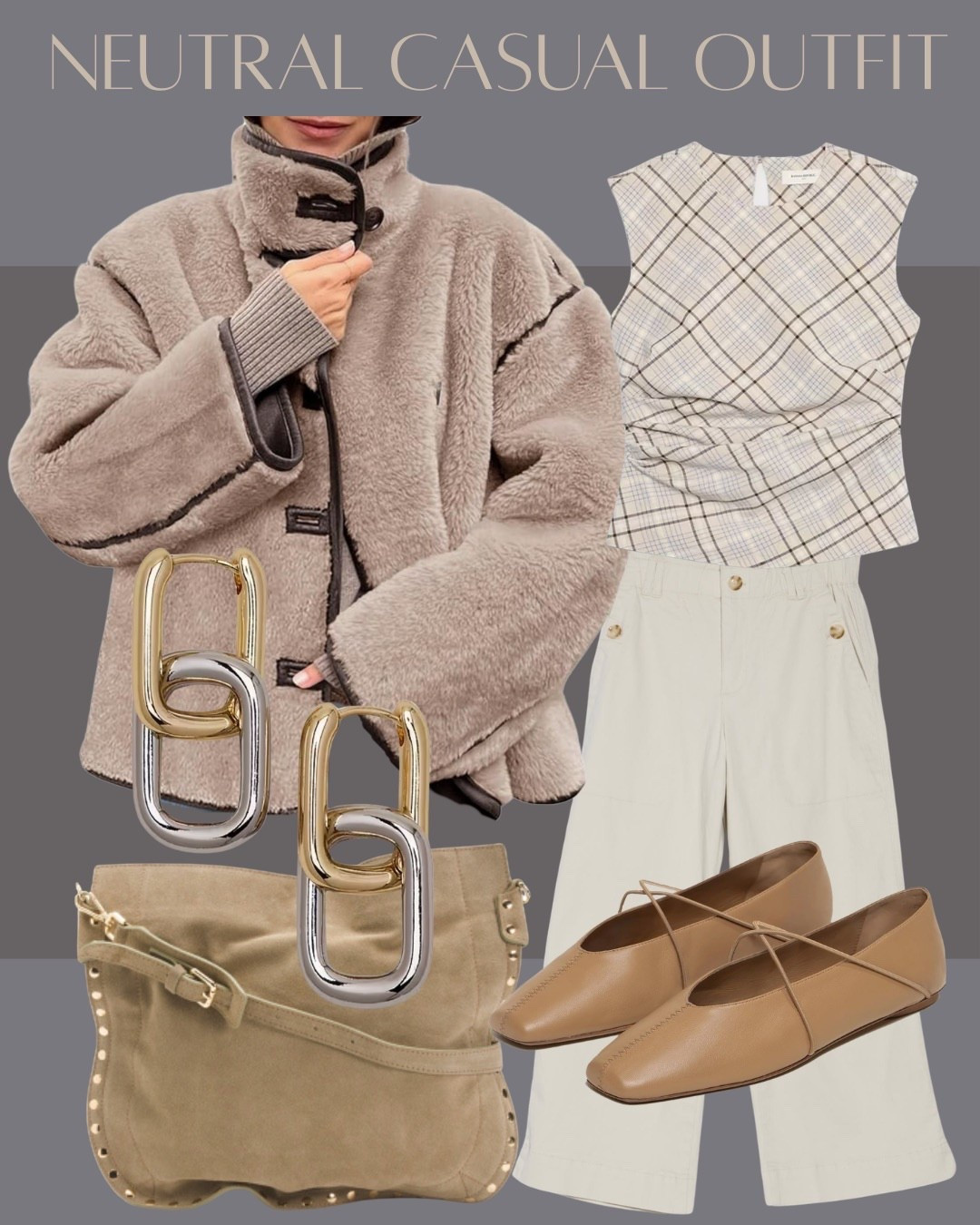 Neutral casual outfit with shearling jacket, plaid top, wide leg pants and tan flats.
Soft neutrals and textured layers make this look feel elevated while still being comfortable enough for everyday wear.

#LTKSeasonal #LTKStyleTip #LTKNeutralStyle #LTKSpringOutfit #LTKUnder100 #LTKAccessories

#LTKootd