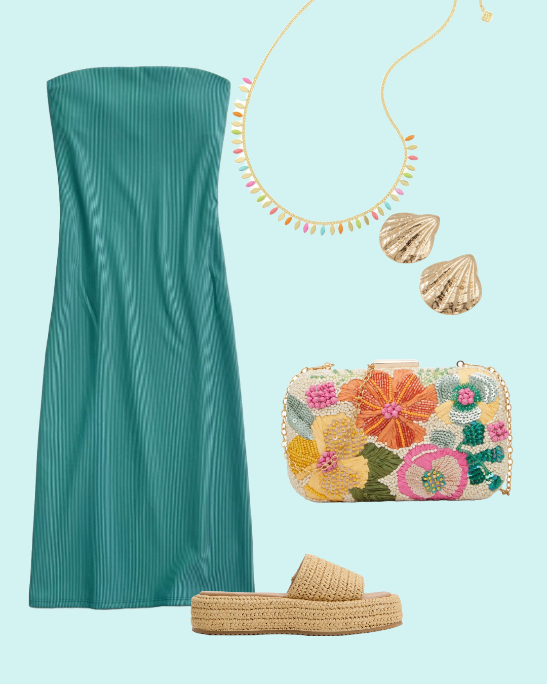 Obsessed with this teal strapless dress for summer—it’s the perfect mix of bold + beachy! Styled it with a colorful beaded handbag for a fun pop, gold seashell earrings for that coastal vibe, a multi-color beaded necklace for a playful touch, and woven platform sandals that are super comfy + chic. This look is giving vacation outfit, beach dinner, and resort night out all in one!

Shop this colorful summer outfit, perfect for girls’ trips, beach vacations, or date nights by the coast!

#LTKStyle #BeachVacationOutfit #SummerStyle2025 #ColorfulAccessories #TealDress #CoastalStyle #WovenSandals #ResortWear #SummerOutfitInspo #StraplessDress #BeadedBag #VacationLook #LTKSeasonal #OOTD #LTKUnder100 

 #LTKSeasonal #LTKSaleAlert #LTKPetite