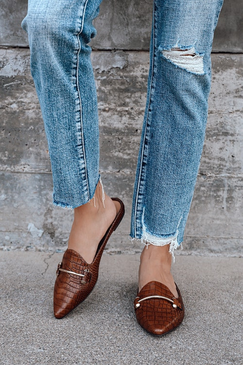 Chelsie Brown Crocodile Embossed Pointed-Toe Loafer Slides | Lulus (US)