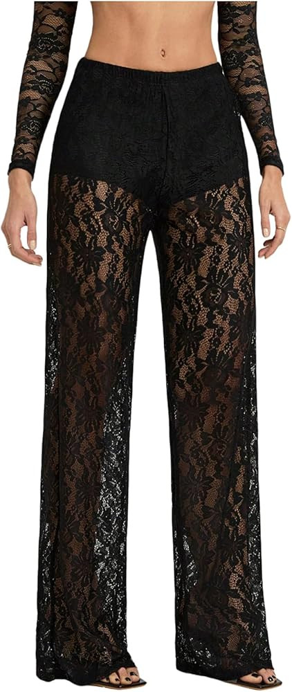 Women's Floral Lace Sheer Mesh Pants Straight Leg High Waisted Long Trousers See Through Club Wea... | Amazon (US)