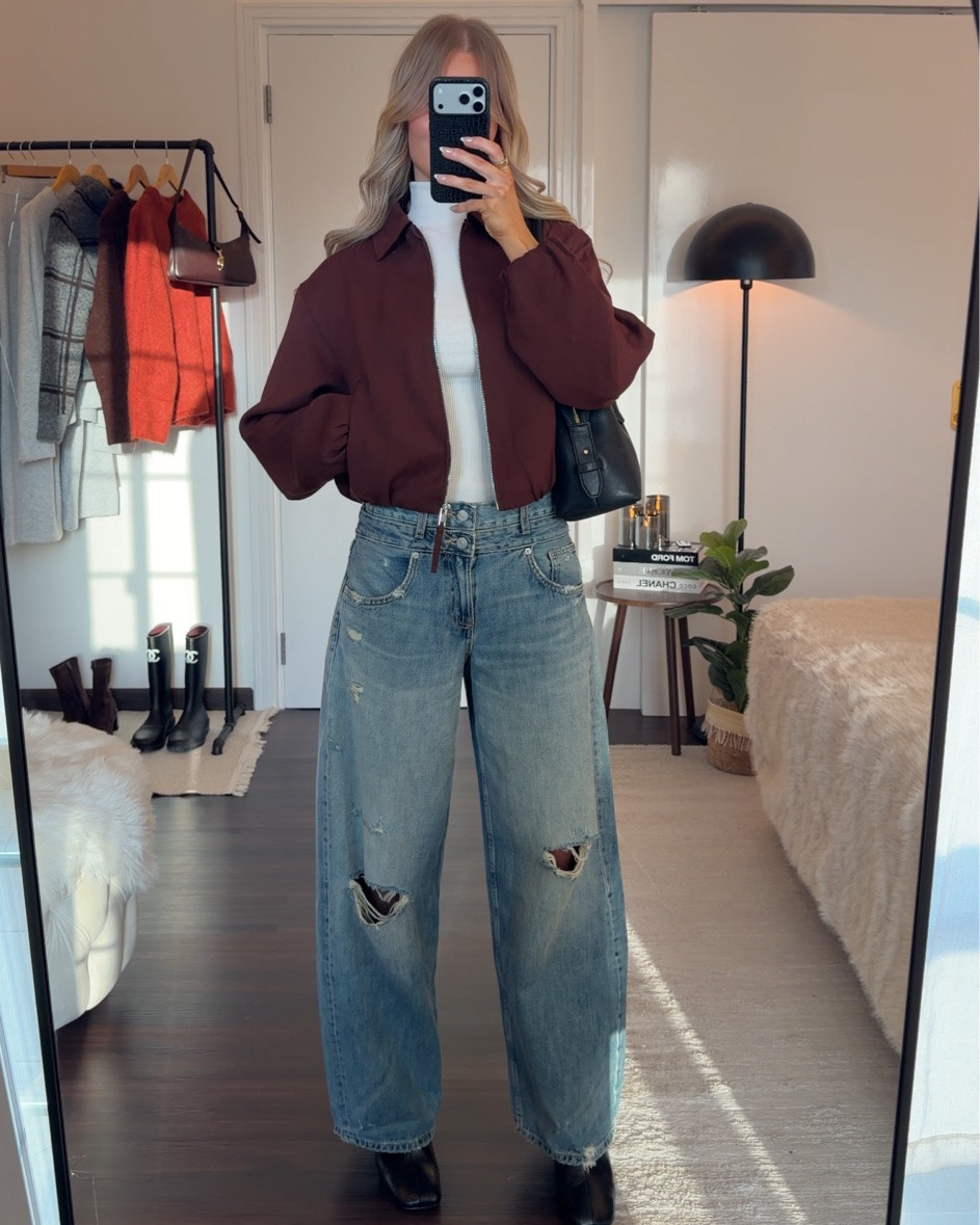 the viral zara autumn jeans👖🍂🤎 I’m wearing size EU32 in the jeans (definitely size down one size!)👖 and size S in the high neck knit top. In the bomber jacket I’m wearing size XS. I’m 1,70m tall for reference 🤎

#LTKFashionMonth #LTKautumn #LTKstyletip