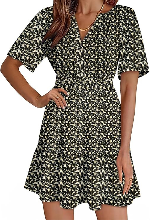 Dokotoo Womens Summer Dresses 2025 Boho Floral Short Sleeve V Neck Smocked Waist Casual A-Line Sw... | Amazon (US)