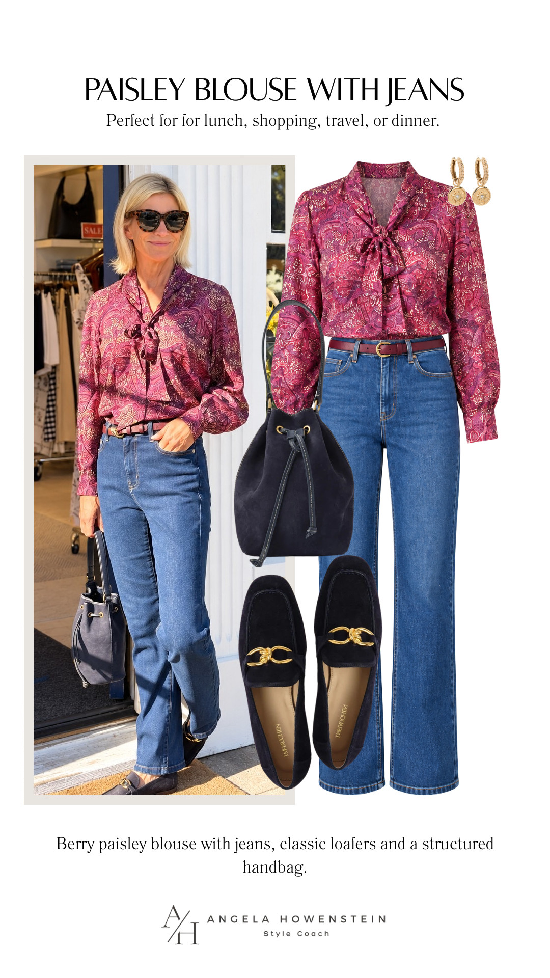 This pretty paisley blouse makes jeans feel instantly more polished! I love the rich berry print, feminine tie neckline, and how beautifully it works with classic denim, a structured bag, and loafers.

👩‍💻 LTK PRO TIPS
❤️ Heart = Support my posts ;-)
🔖 Save = Get sale & restock alerts for the things you love!
📋 Lists = Keep favorites organized (List ideas: Christmas, Birthdays, and Vacations!)
📲 Share = Send lists and products to a friend (or your daughters like me).
💬 Comment = Ask me anything, and I’ll answer. ;-) 

 #LTKootd #LTKSeasonal #LTKOver40