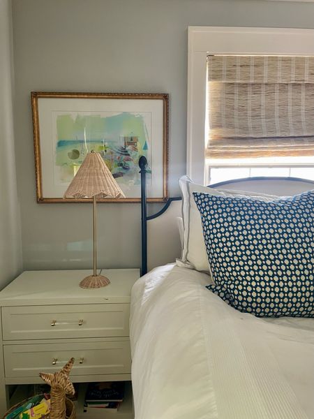 Guest bedroom woven shades pillows nightstand art rattan lamp

#LTKfamily #LTKfindsunder100 #LTKhome