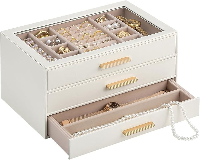 Lolalet Jewelry Box Organizer, 3-Layer Jewelry Organizers and Storage Case with Glass Lid, Ring E... | Amazon (US)