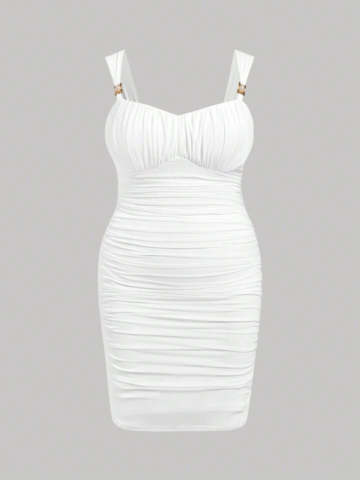 SHEIN MOD Plus Size Summer White Mesh Ruched Spaghetti Strap Dress With Metal Decoration, Summer ... | SHEIN