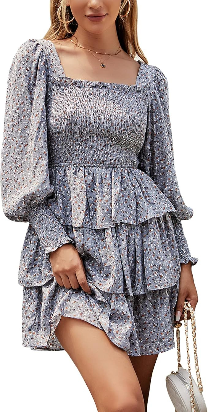 Byinns Women's Square Neck Ruffle Dress Long Sleeve Floral Print Tiered Tie Back Layered Swing Mi... | Amazon (US)
