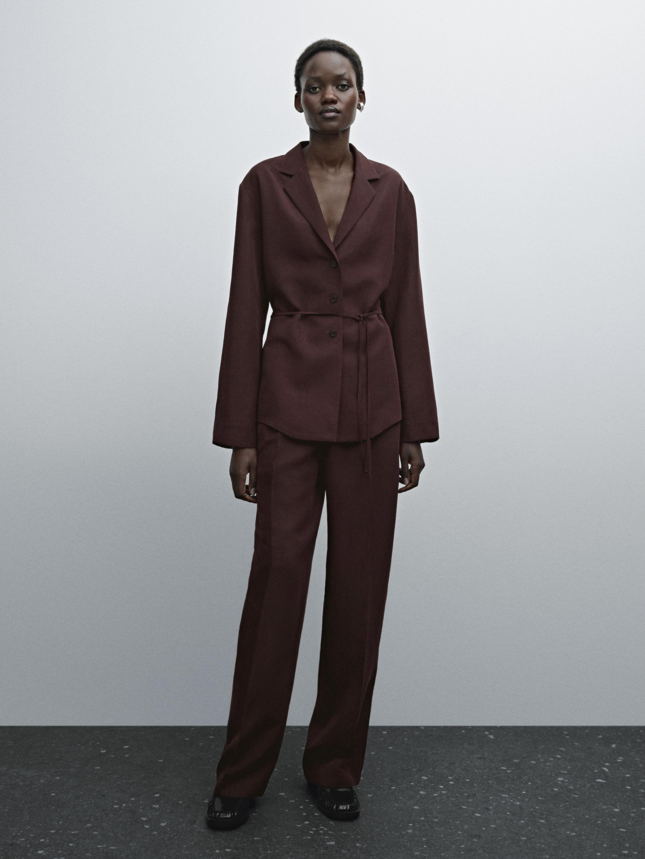 Semi-textured blazer with belt | Massimo Dutti US