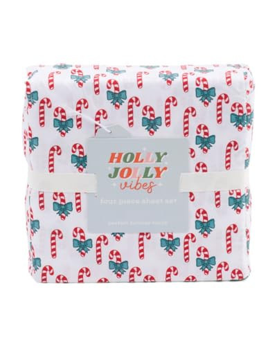Holly Jolly Vibes Christmas Winter Sheet Set (Candycane Bows, Queen) | Amazon (US)