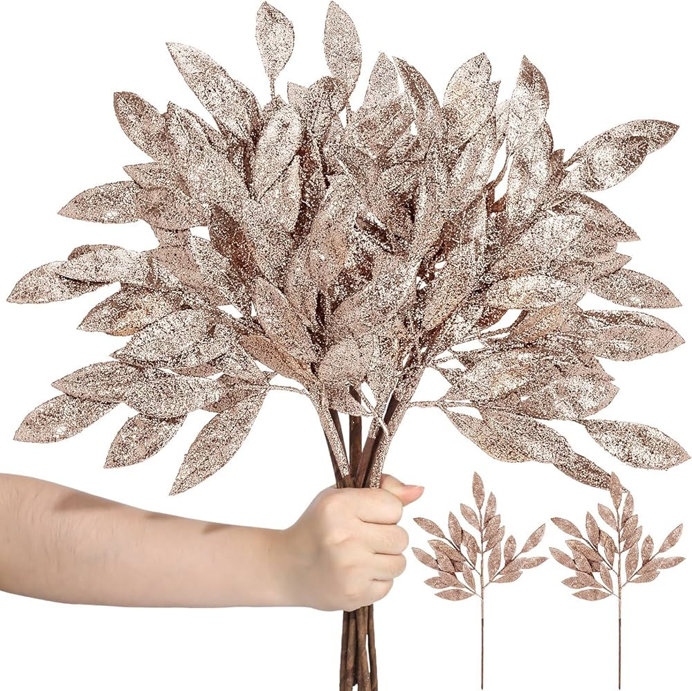 6 Pcs Glitter Bay Leaf Stems Artificial Christmas Spray Picks 21'' Fake Floral Leaf Branches Wire... | Amazon (US)