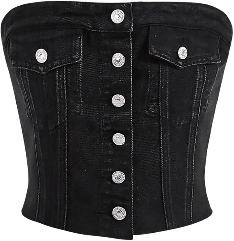 SweatyRocks Women's Strapless Button Down Slim Fit Denim Crop Tube Top with Flap Pocket | Amazon (US)
