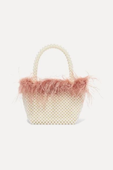 Mina small feather-trimmed faux pearl tote | NET-A-PORTER (UK & EU)