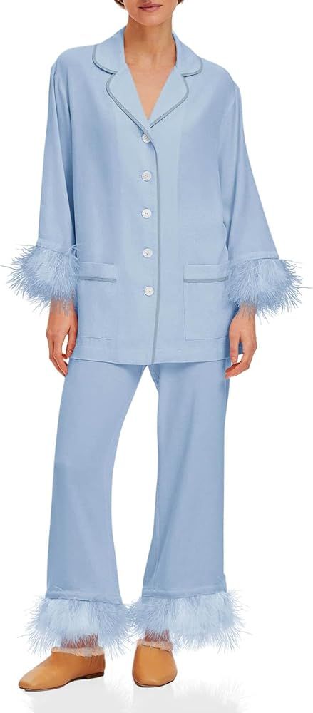 Tankaneo Womens Feather trim Pajama Sets Button Down Long Sleeve Tops Wide Leg Pants Pj Set Soft ... | Amazon (US)