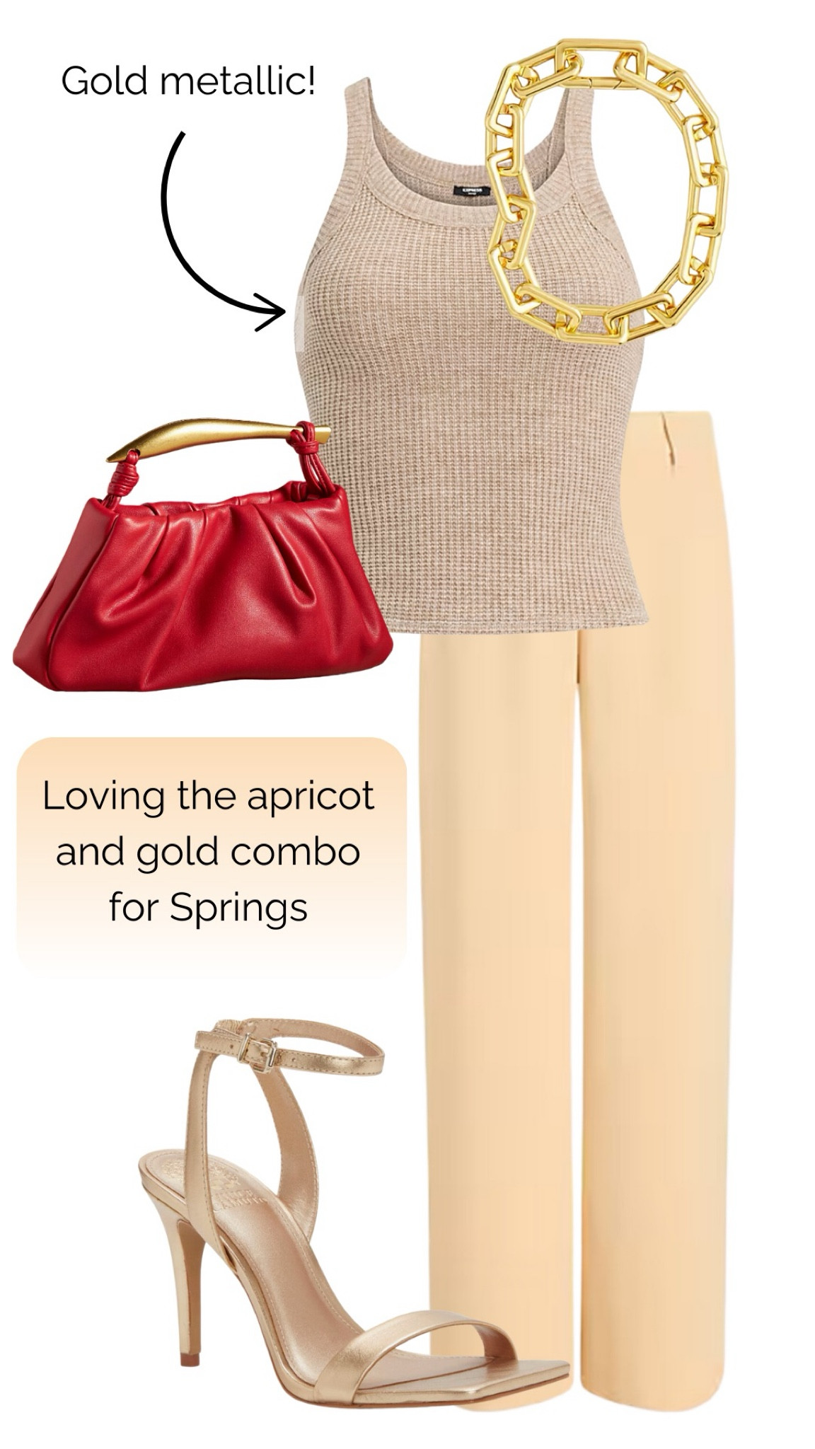 Gold metallic and apricot is an unsung hero combo for Springs! A pop of light warm red for the holiday ties this one together as a holiday outfit

#LTKHoliday #LTKStyleTip