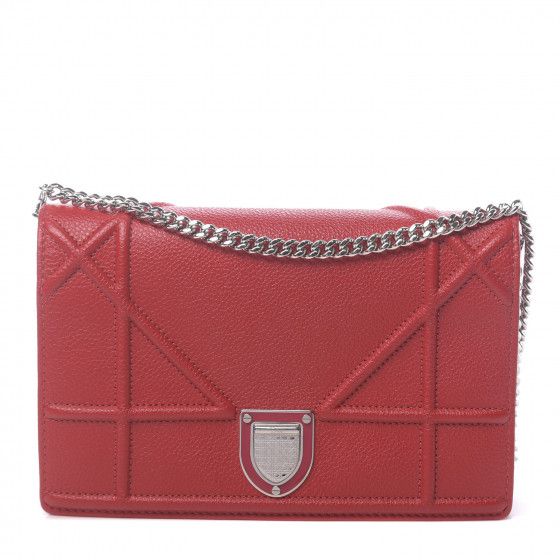 CHRISTIAN DIOR Grained Calfskin Diorama Wallet on Chain Pouch Rouge Vif | Fashionphile