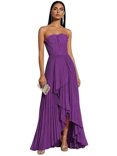 Women’s Strapless Purple Chiffon High Low Dress for Formal Long Maxi Pleated Chiffon Bridesmaid Dresses for Women Ruched Ruffle Prom Evening Gown US16 | Amazon (US)