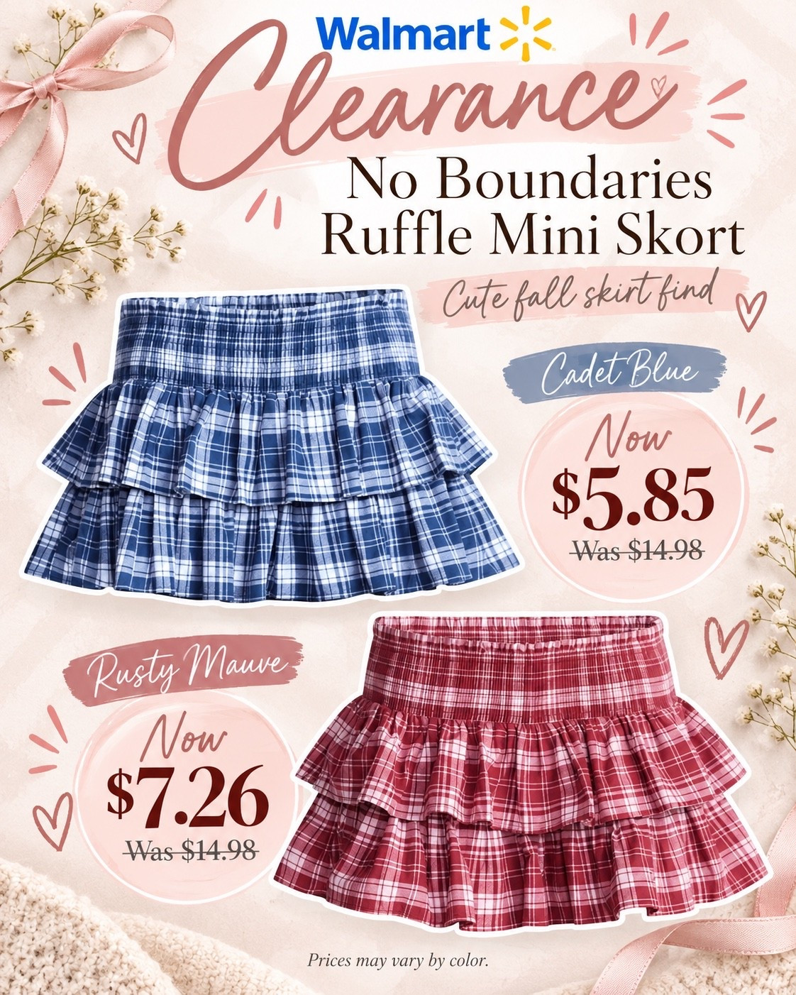 Walmart clearance find 💙🍂 This No Boundaries plaid ruffle mini skort is such a cute fall fashion find and the price is SO good! The Cadet Blue is only $5.85 and the Rusty Mauve is $7.26 right now. Perfect with a fitted tee, oversized sweater, tall boots, loafers or sneakers for an easy affordable fall outfit.

#LTKootd #LTKSeasonal #LTKSaleAlert