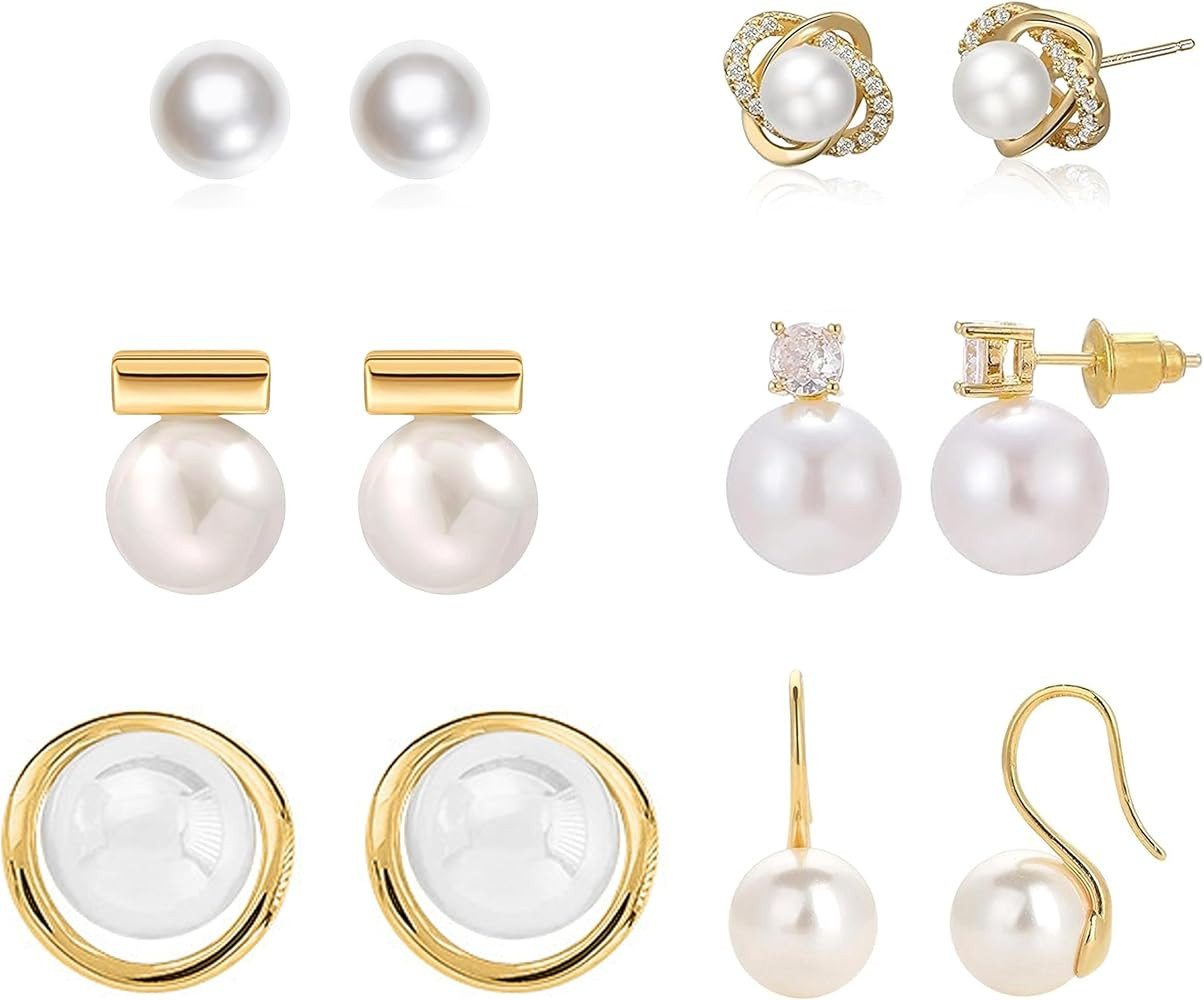 6 Pairs Pearl Stud Earrings for Women Gold Bar Knot Clover Cubic Zircon Stud Mixed Styles Pearl E... | Amazon (US)