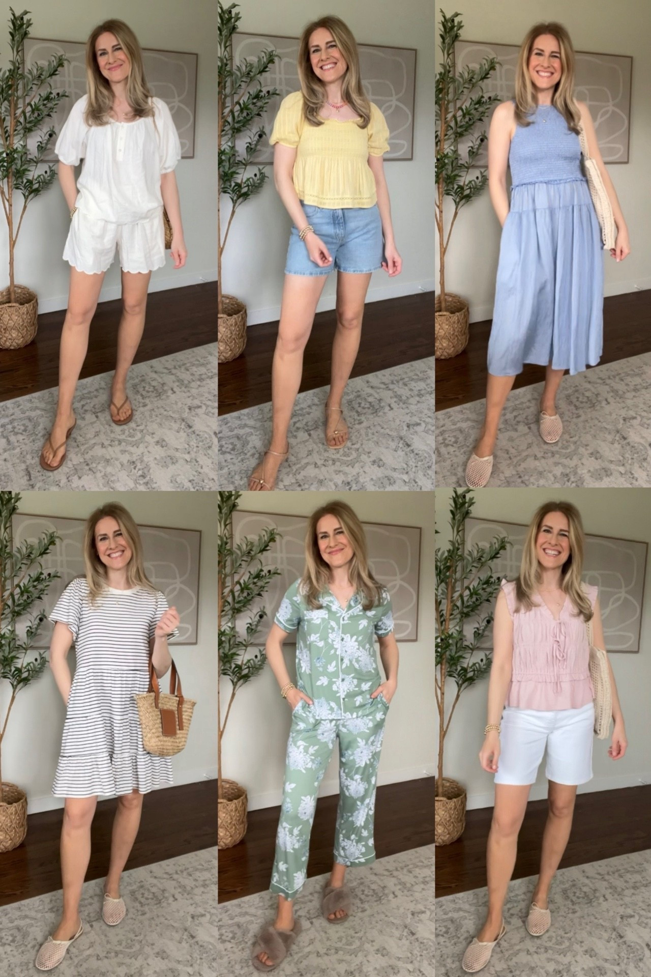Walmart spring outfits! I sized up one size to a medium in the scalloped set, the dresses and the pink top. I love the pajamas (tts small) and the denim shorts (tts 6). #walmartfashion 