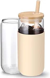 20oz Glass Water Tumbler with Silicone Protective Sleeve - Beer Can Shaped Cups with Straw and Ba... | Amazon (US)