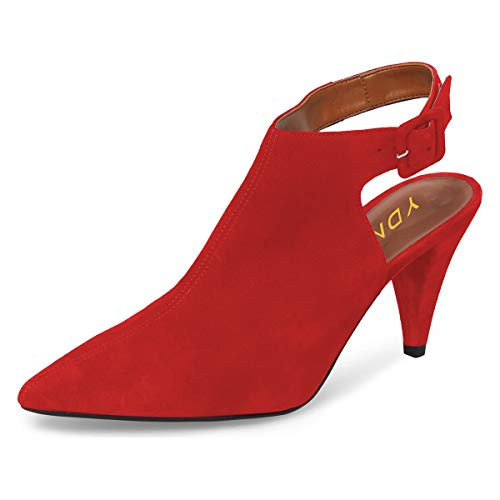 YDN Women Pointed Toe Cone High Heels Slingback Booties Ankle Strap Faux Suede Buckle Party Dress Sandals Red 8.5 | Amazon (US)