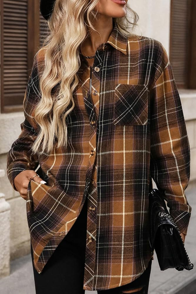 CHYRII Womens Oversized Flannel Shirts Button Down Long Sleeve Plaid Shirt Business Casual Blouse... | Amazon (US)