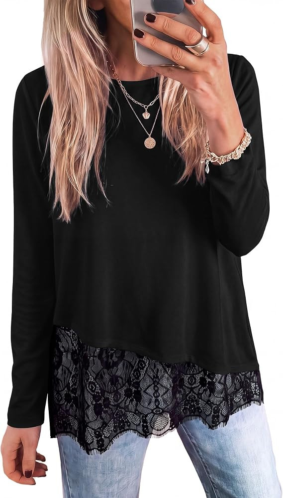 PRETTYGARDEN Women's Lace Patchwork Long Sleeve Shirts | Amazon (US)