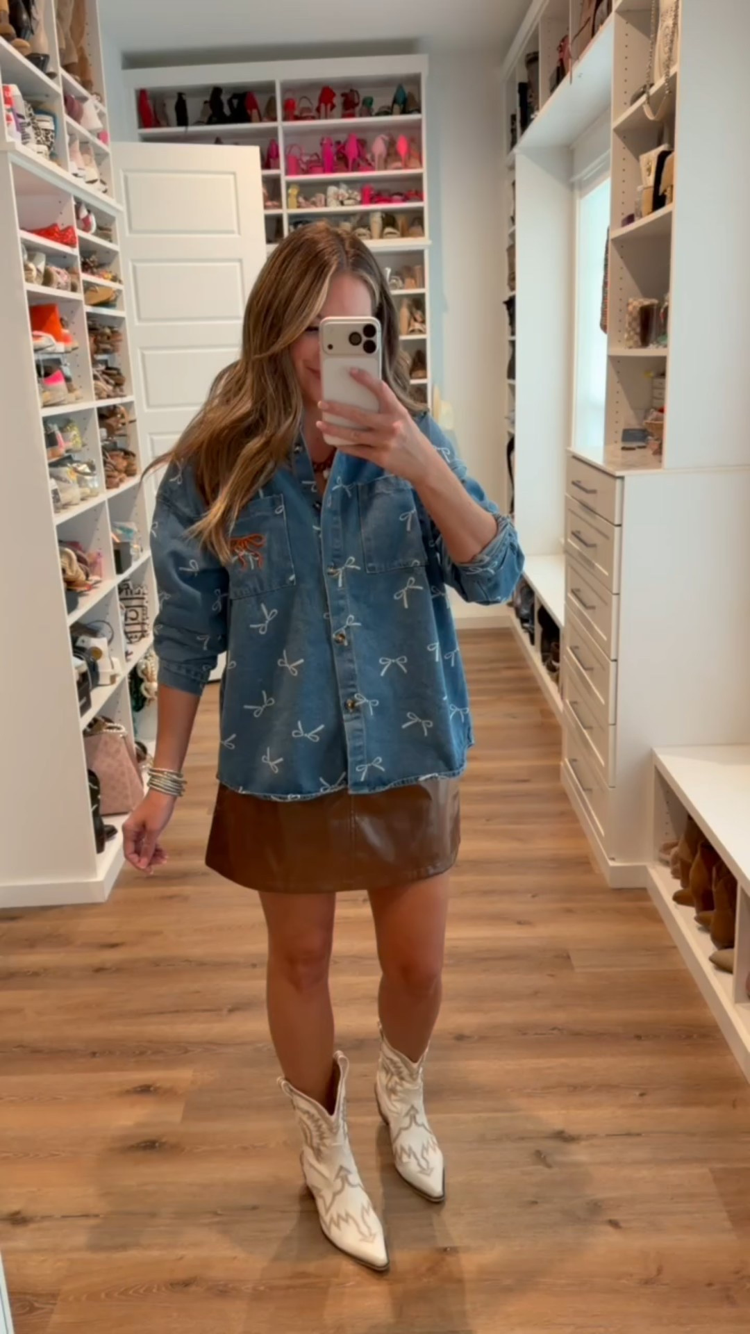 In a medium bowl print denim shacket, medium faux leather skirt, boots and accessories- fits tts.

#LTKSeasonal #LTKStyleTip #LTKFindsUnder50