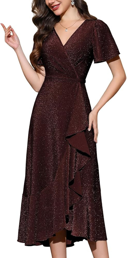 Women Sparkle Formal Wedding Guest Dress V Neck Wrap Glitter Ruffle Short Sleeve Prom Evening Party Midi Dresses | Amazon (US)