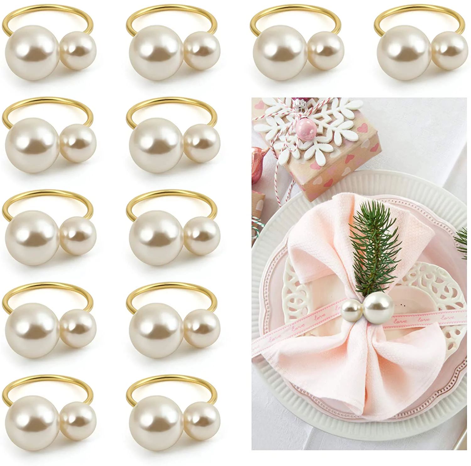 Naler Set of 12 Pearl Napkin Rings, Gold Napkin Ring Holders for Formal or Casual Dinning Table D... | Walmart (US)