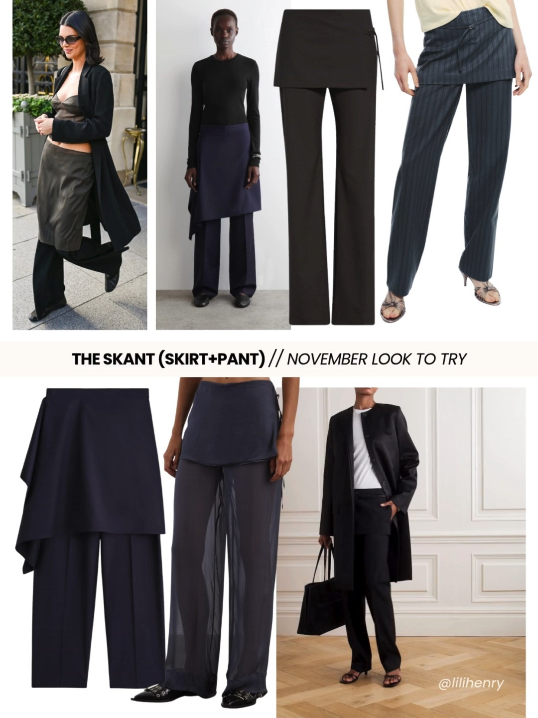 The "Skant" (skirt + pant) has entered the chat. This isn’t just a Y2K flashback — it’s a styling trick that keeps your silhouette fresh and unexpected.

You don't have to purchase one brand new... try working with the skirts and pants you have in your wardrobe!

• Start with a slim, neutral pant (or wide-leg for drama) as your base.

• Add an overskirt or sheer midi skirt for movement & dimension.

• Balance proportions — keep your top sleek (crops, tuck-ins, fitted blazers).

• Let accessories be the anchor: a structured belt, sleek boots or pointed flats.

• Play with translucence — sheer skirts over opaque pants bring intrigue.

Try it this month and tag me on IG @lilihenry - I want to see your version!   

 #LTKSeasonal #LTKStyleTip #LTKWorkwear