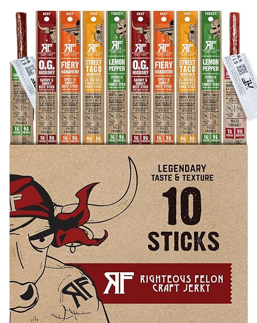 Righteous Felon Variety Meat Sticks | 100% Grass Fed Beef, Turkey, Pork | Keto, Gluten-Free, Low ... | Amazon (US)