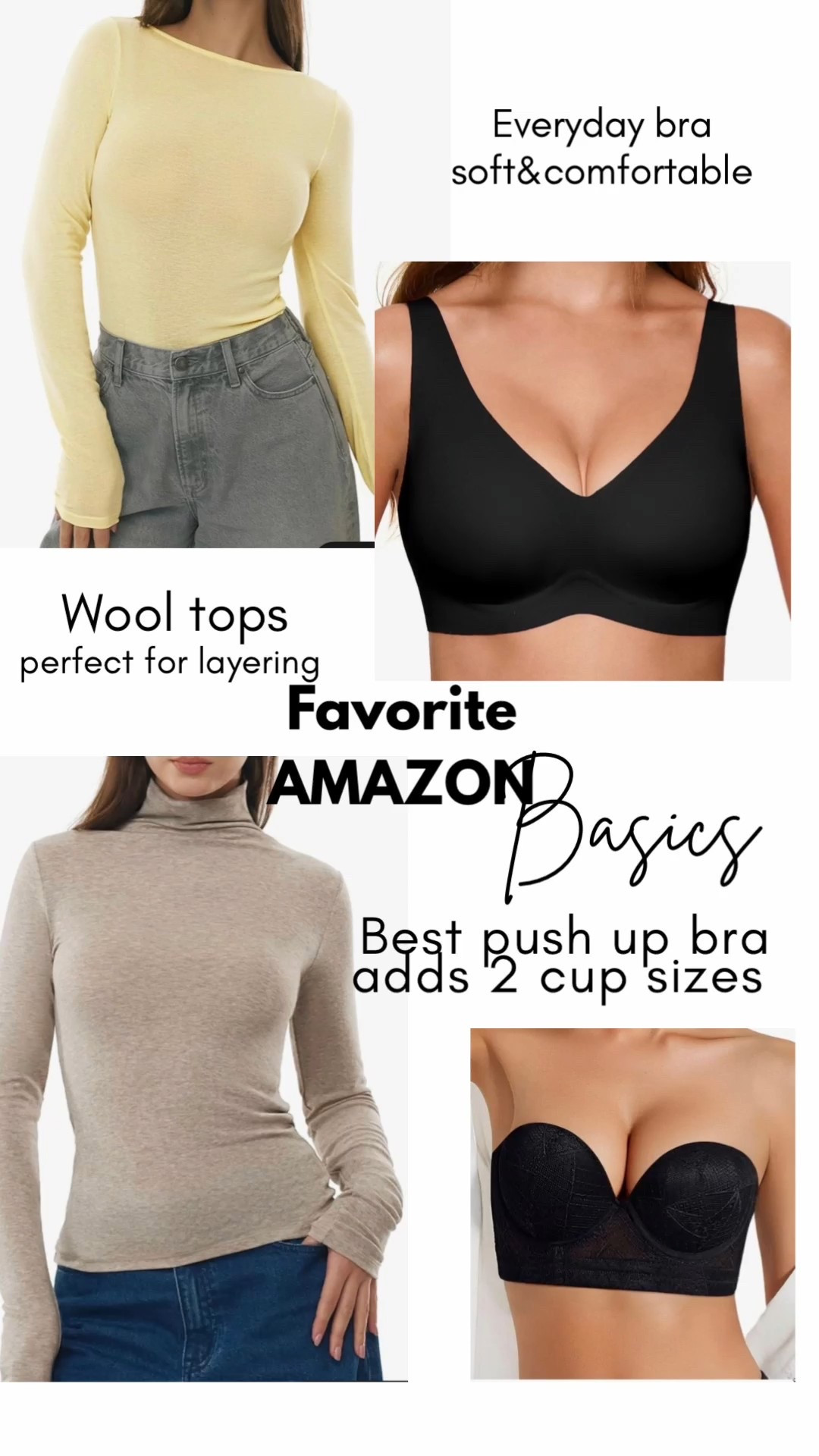 Amazon basics I love and have been wearing on repeat this season 👌
The wool tops are so lightweight and easy to layer or wear on their own. They come in many styles: crew neck, mock neck, turtle neck. Wearing size S
The Lehoba bra is amazing for everyday wear. It's so comfortable you forget you are even wearing a bra. I’m wearing size S. 
This push-up bra is absolutely amazing and perfect for the holiday parties. It adds 2 cup sizes. Wearing size 32 B

#basics #holidaygifts #blackfridaysale

#LTKGiftGuide #LTKHoliday #LTKCyberWeek