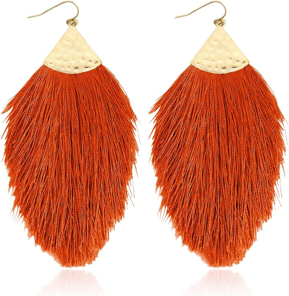 Bohemian Silky Thread Fan Fringe Tassel Statement Earrings - Lightweight Strand Feather Shape Dan... | Amazon (US)