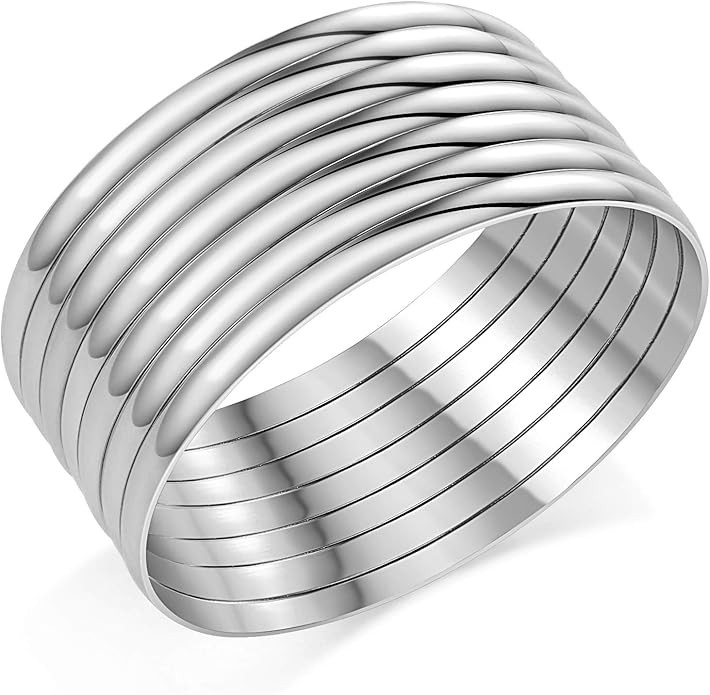 Castillna Glossy Plain Stainless Steel Bangle Bracelets Set for Women, Silver, Set of 7 Pieces | Amazon (US)