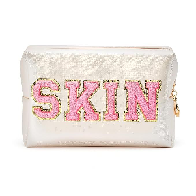 Y1tvei Preppy Patch SKIN Varsity Letter Cosmetic Toiletry Bag PU Leather Portable Makeup Bag Zipp... | Amazon (US)