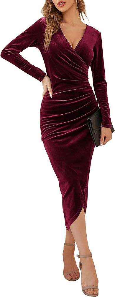 DIRASS Women's Elegant Velvet Long Sleeve Wrap V Neck Ruched Bodycon Cocktail Party Maxi Dress | Amazon (US)