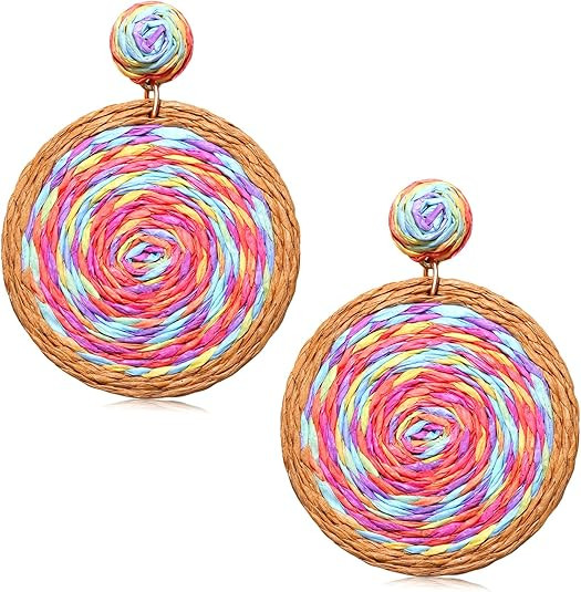 Rattan Earrings Boho Summer Beach Raffia Earrings for Women Handmade Rattan Ball Disc Dangle Drop... | Amazon (US)