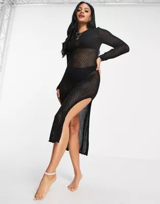 ASOS DESIGN lightweight knit long sleeve scoop back maxi beach dress in black | ASOS | ASOS (Global)