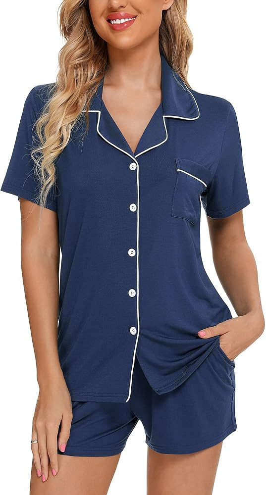 Samring Womens Pajamas Set Short Sleeve Sleepwear Button Down Nightwear Shorts Soft Pj Sets S-XXL | Amazon (US)