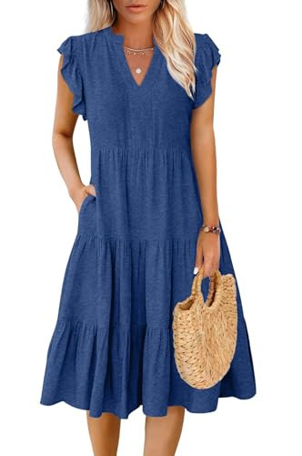 AUNEAL Womens Summer Dress Ruffle Sleeve V Neck Midi Casual Dresses Flowy Tiered Boho Blue Sundress with Pockets L | Amazon (US)